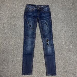 Grace In LA Jeans Womens 24 Blue Wash Skinny Fit Distressed Ribbed Denim